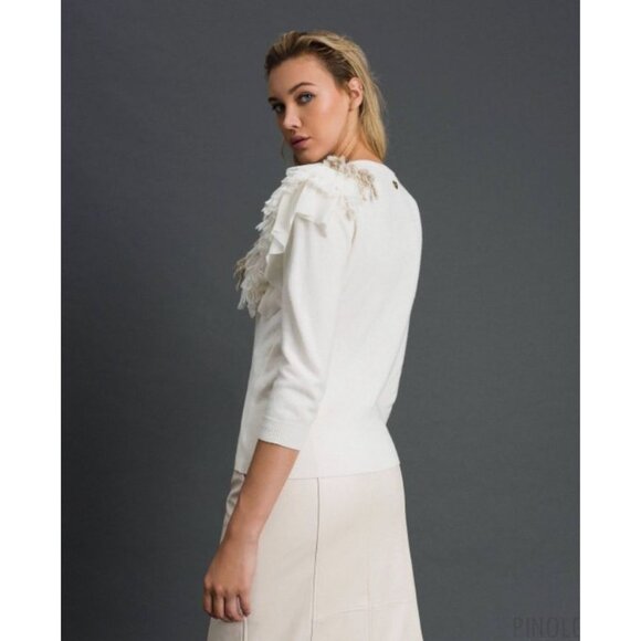 Twinset Wool Cashmere Blend Sweater L Asymmetric Ruffle Fringe Ivory Luxury - Picture 3 of 15